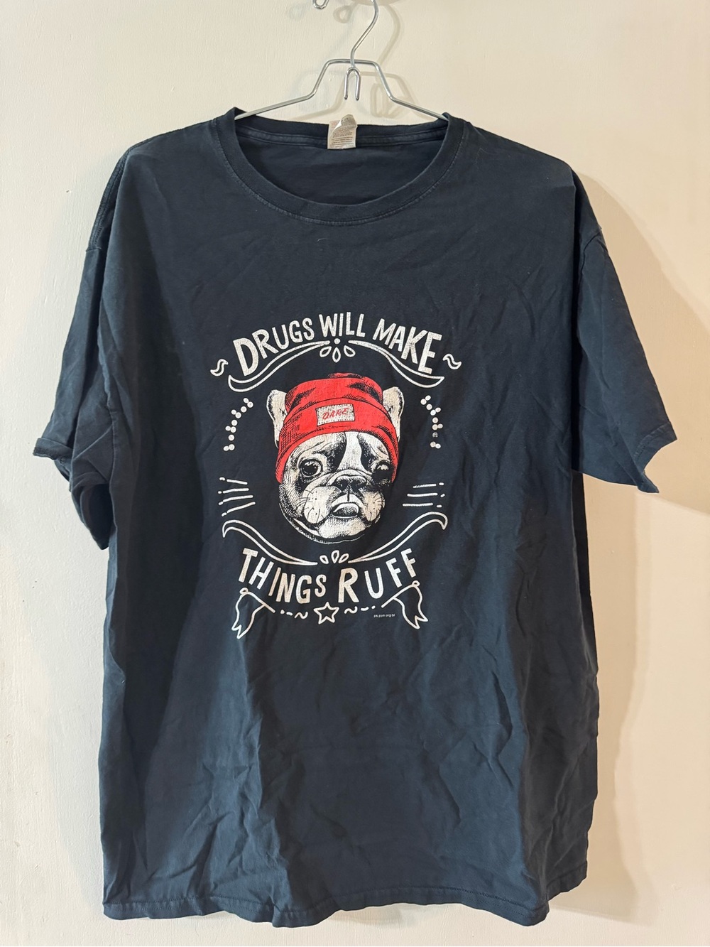 Fruit of the Loom Black Tee with Red Beanie Dog Graphic